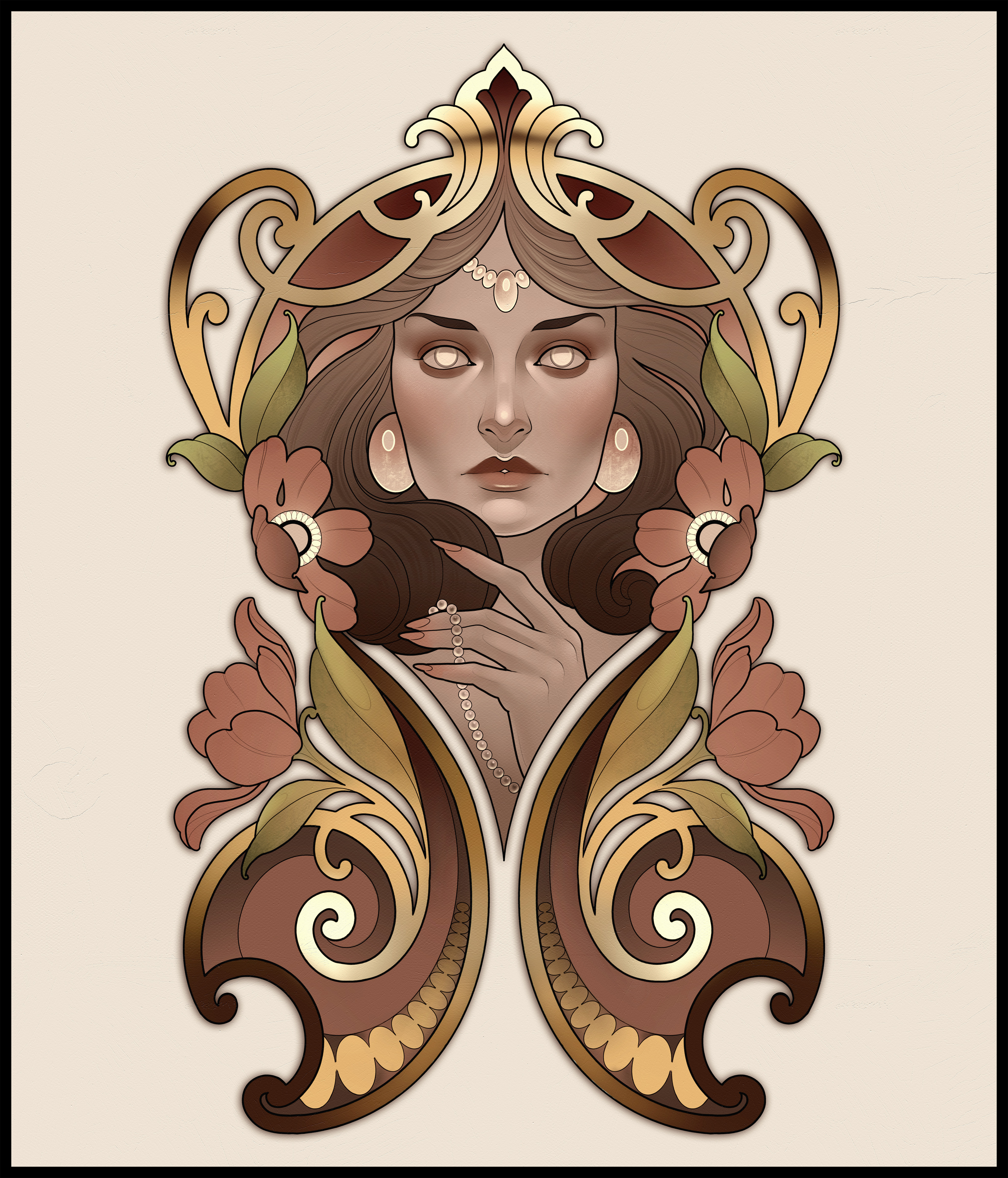 Ilustración ornamental femenina de Shira Tattoo entre flores y motivos dorados