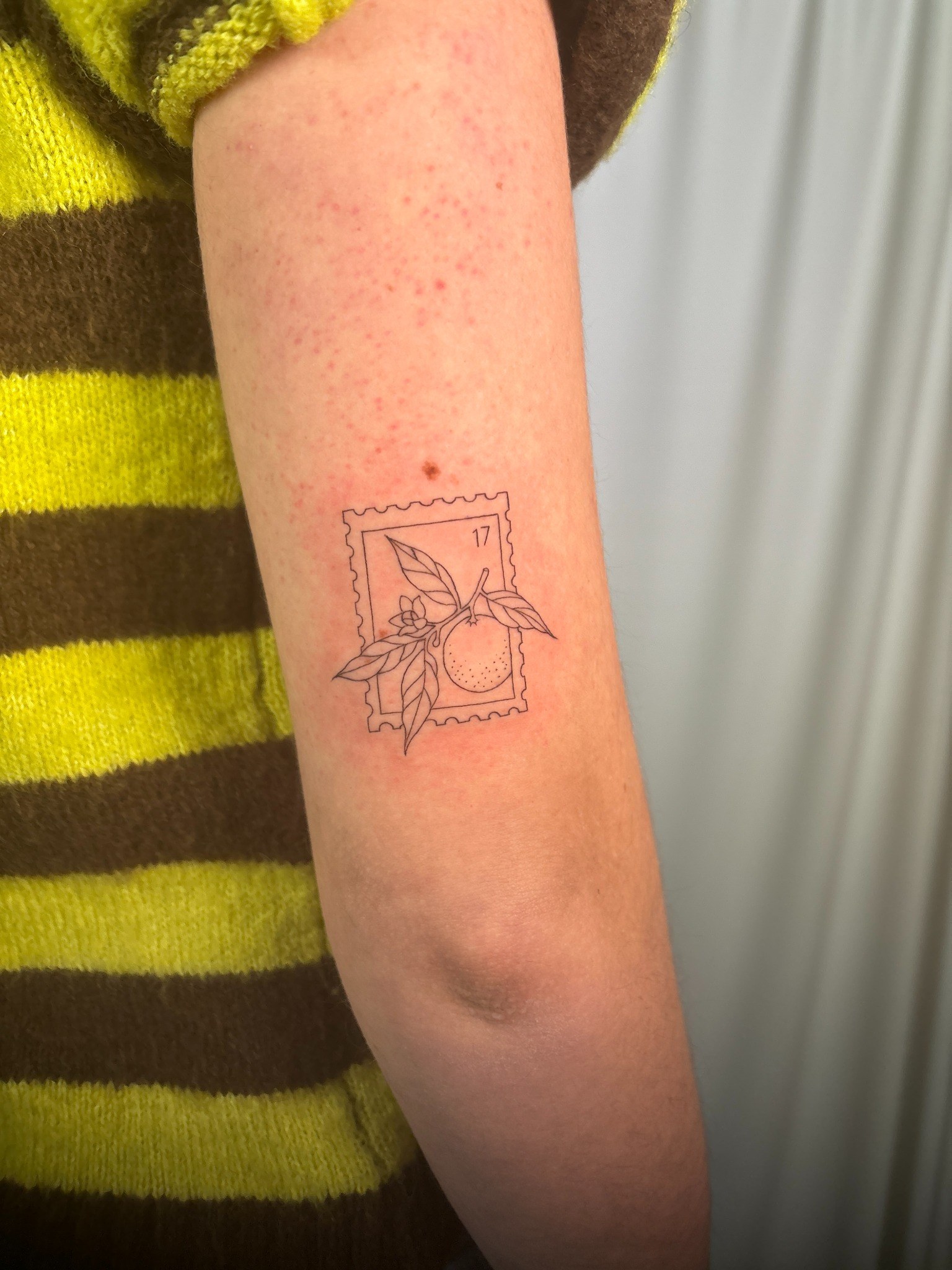 Tatuaje fineline de sello postal con naranja realizado por Shira Tattoo