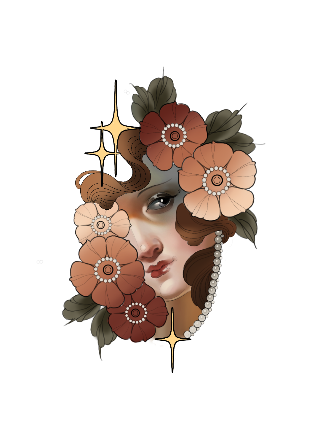 Ilustración femenina floral de Shira Tattoo en estilo Romantic Neotrad